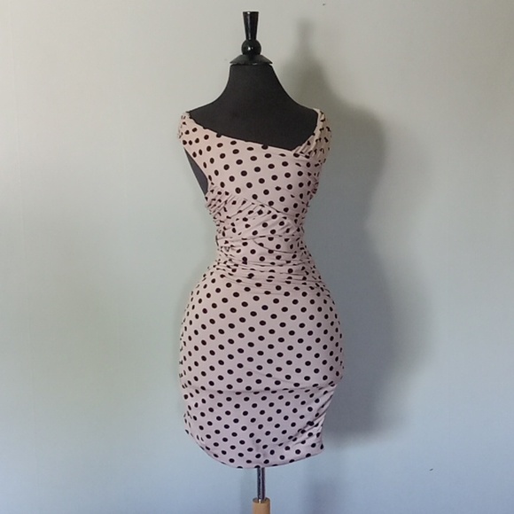 Oo lala! Guess short bodycon draped polka dot nude pink and black mini dress S - Picture 1 of 7